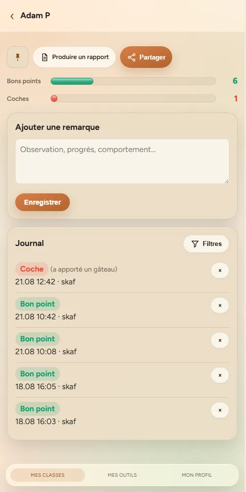 Journal d'un élève : ses points, ses coches et les remarques laissées par l'enseignant