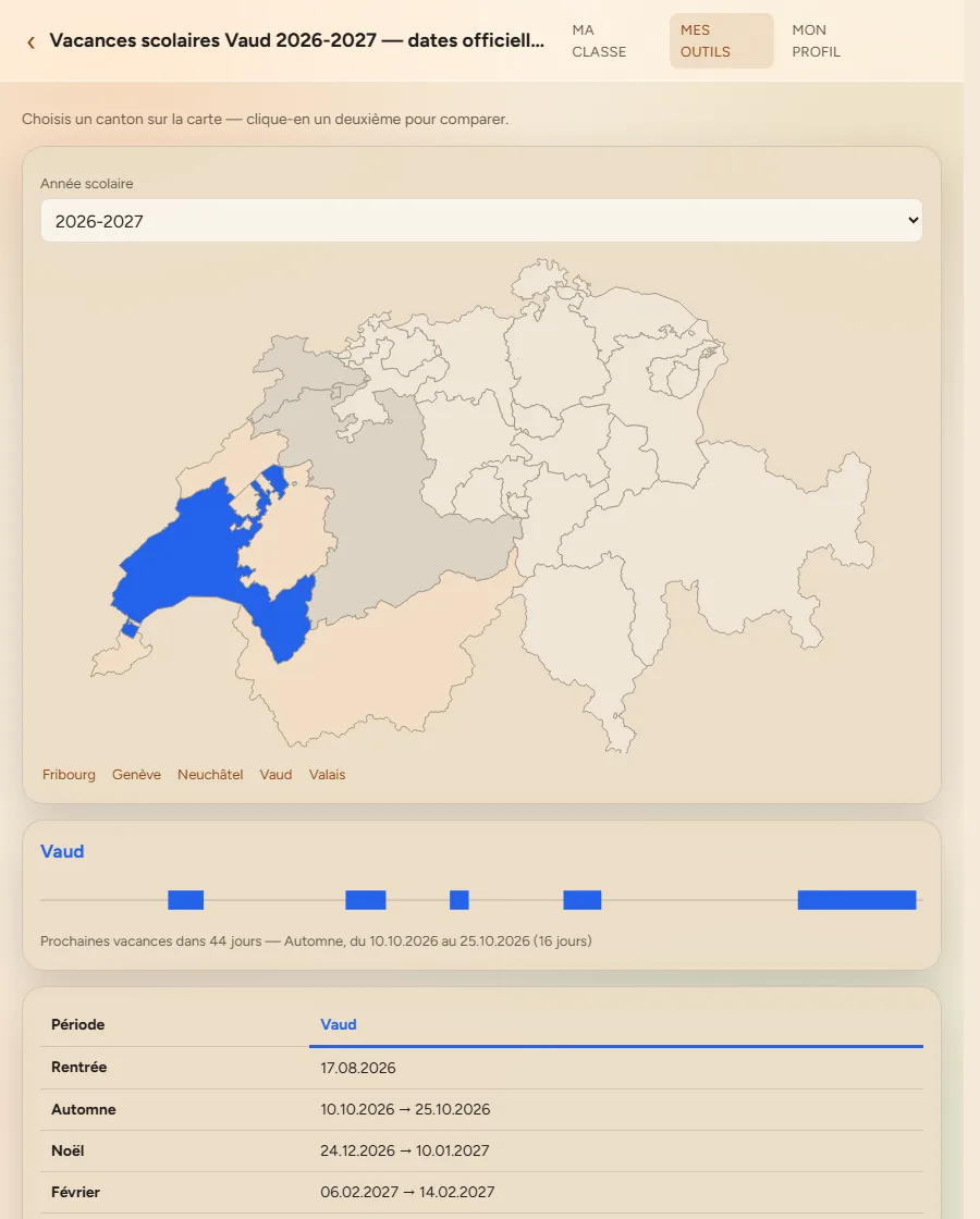 Carte des vacances scolaires de Suisse romande, canton de Vaud sélectionné